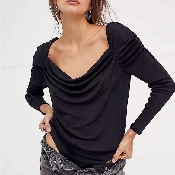 free people oh lucky you bodysuit black long sleeve drape neck womens size small - Picture 1 of 8